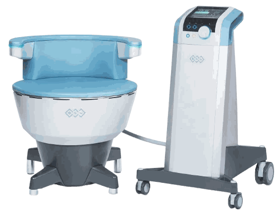 The Emsella treatment chair and control console